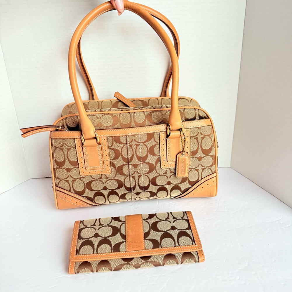 Coach Signature Canvas Satchel & Matching Wallet Set Tan Leather Trim - 10442